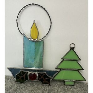 2 Stained‎ Glass Christmas Ornaments Candle Holly Berries and Tree
